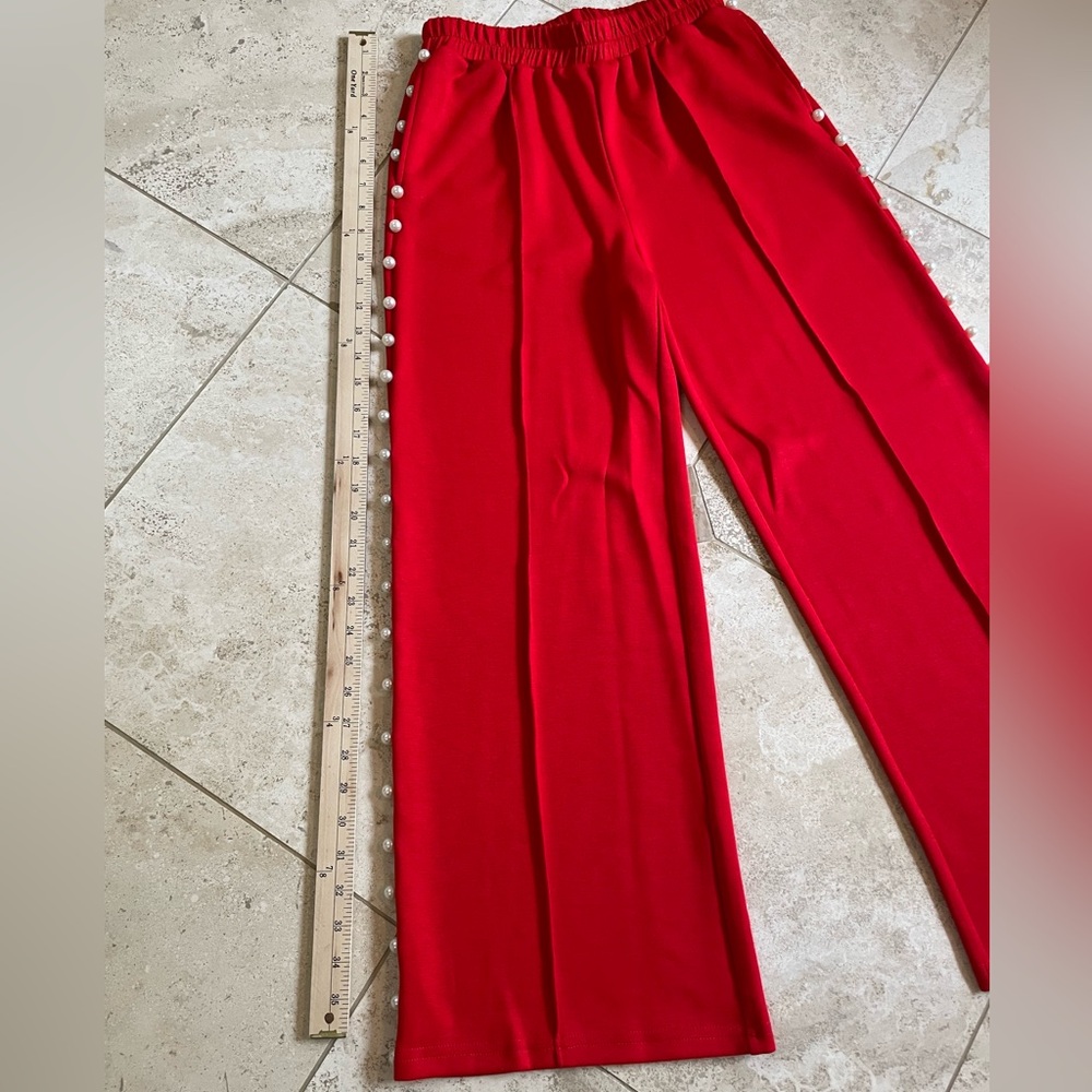 Red Pearl-Accent Wide Leg Pants & Hoodie Set - Picture 4 of 9